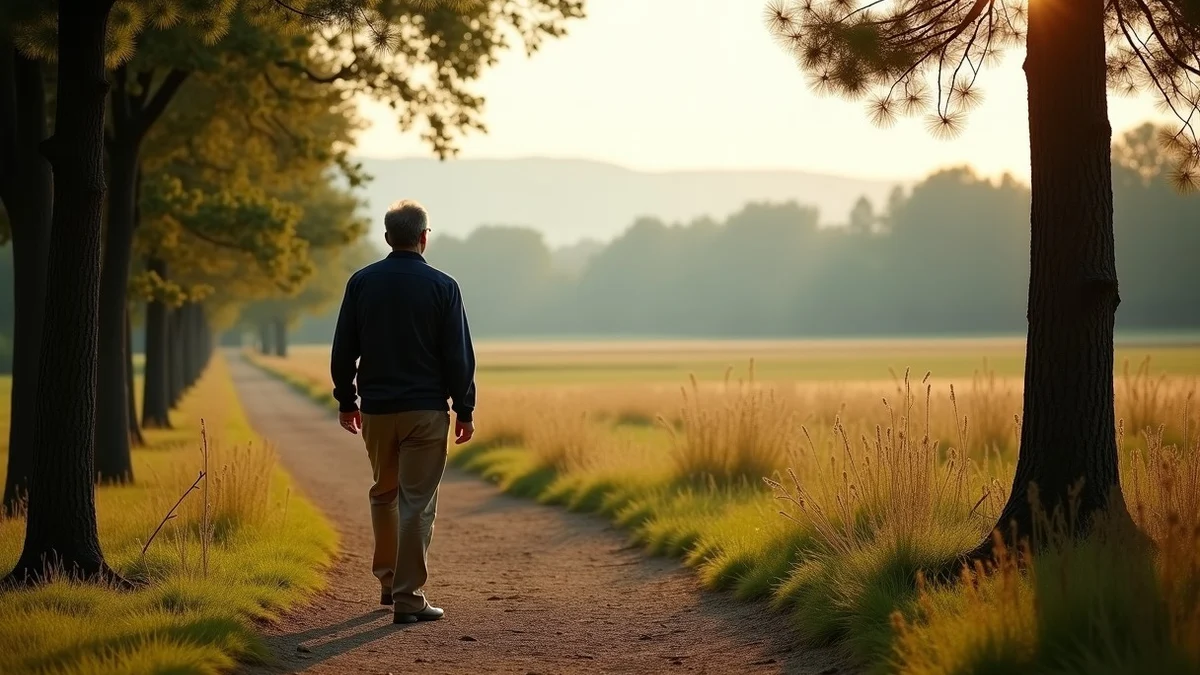 A middle-aged adult walking alone along a wooded park trail, pausing to look toward an open landscape with calm curiosity and an independent posture