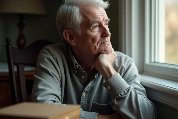 A thoughtful middle-aged adult pausing beside a closed keepsake box in a quiet home