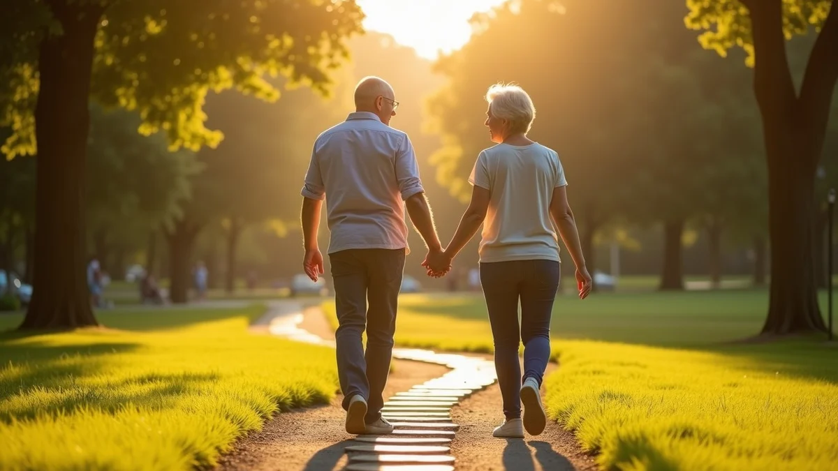 Two middle-aged adults walk together at a sunlit park fork, pausing between two inviting paths to compare their next step in dating