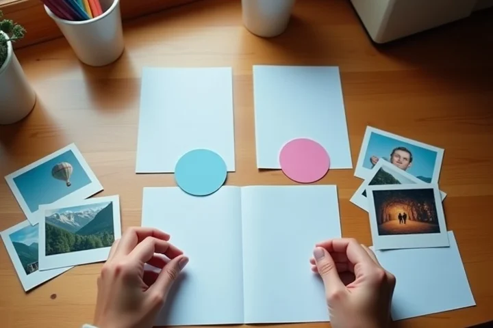 A middle-aged dater arranges two distinct sets of blank cards, image-side-down photo prints, and colored conversation tokens on a tidy home desk