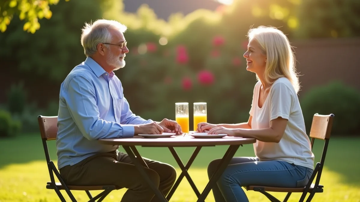 Two middle-aged adults chat comfortably at an outdoor neighborhood picnic