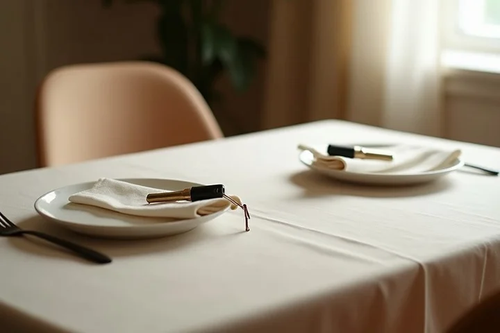Two separate place settings sit on opposite sides of a small dining table