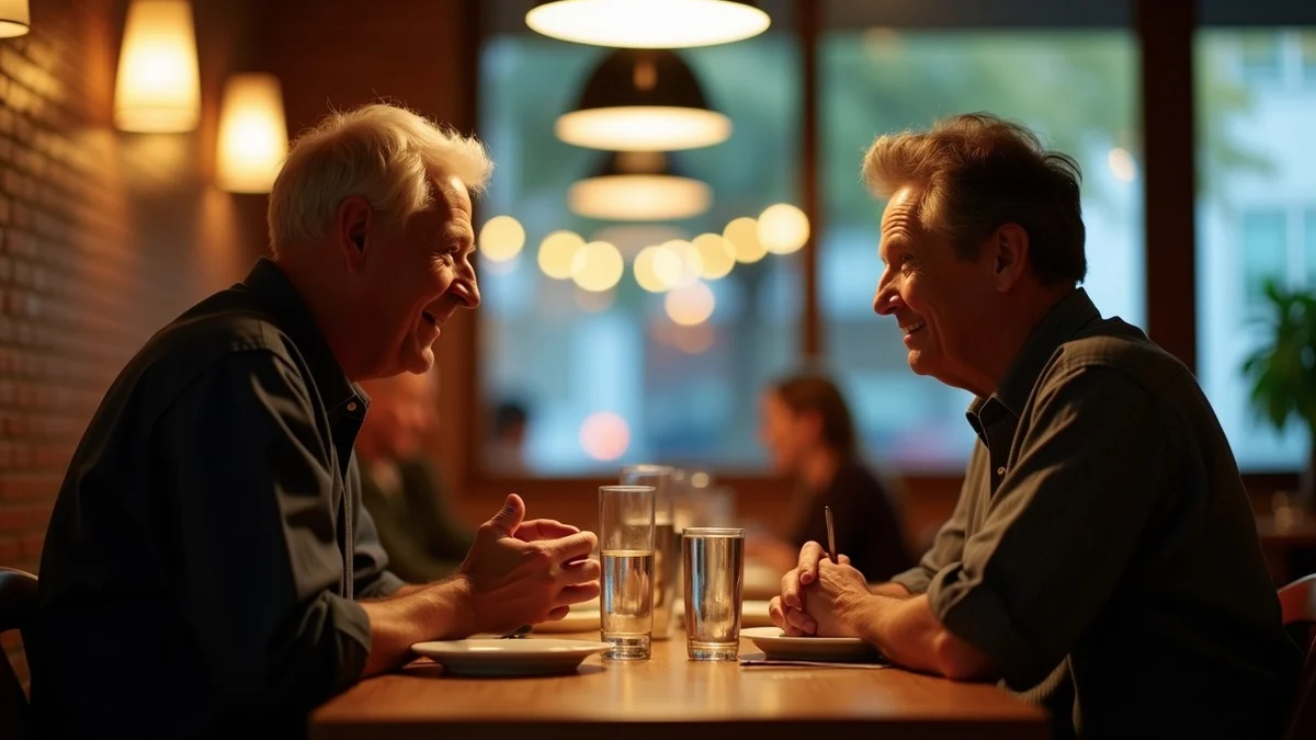 Two mature adults begin a relaxed first dinner together at a welcoming neighborhood restaurant