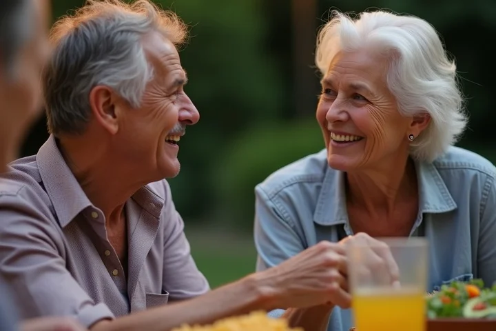 Two middle-aged adults talk at a relaxed neighborhood potluck