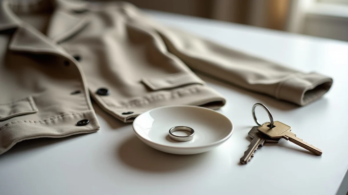 A fresh jacket and a set of house keys are placed beside a plain ring dish holding a wedding band set aside