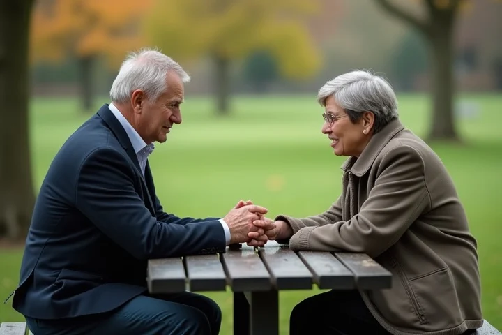 Two middle-aged adults sit at a quiet community park table, one speaking honestly while the other listens with patience
