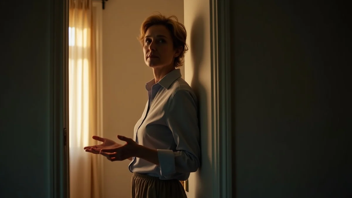 A middle-aged adult stands in a quiet apartment doorway with a guarded but composed expression, hands relaxed and open