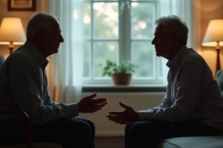 Two middle-aged adults sit across from each other in a quiet living room during a serious conversation