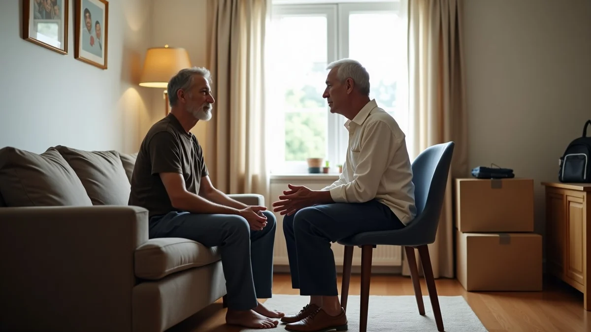 Two middle-aged adults have a candid, careful conversation in a shared suburban living room, with a third empty chair, moving boxes