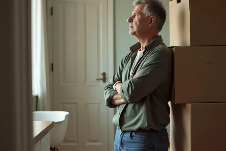 A middle-aged separated adult pauses thoughtfully in a half-packed shared home