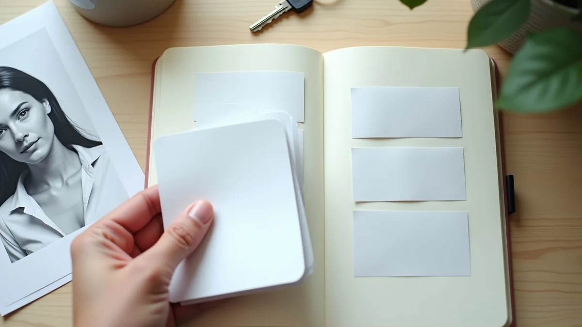 A hand sorts blank evidence cards beside a closed notebook, a generic portrait print partly covered by opaque strips