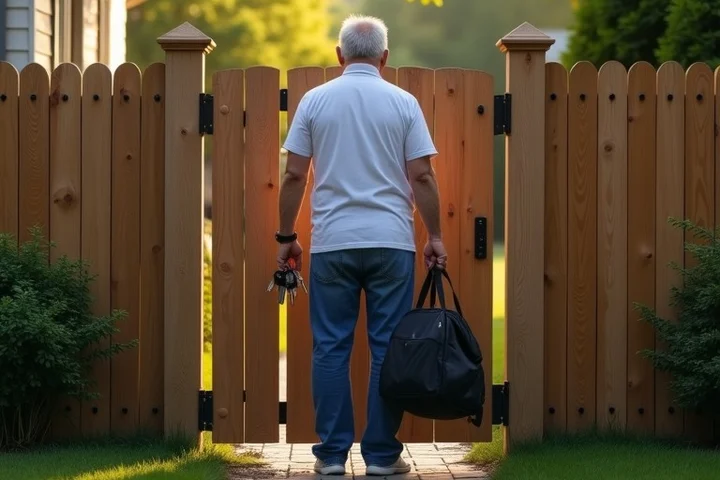 A middle-aged adult closes a wooden garden gate between a public walkway and a private home entrance