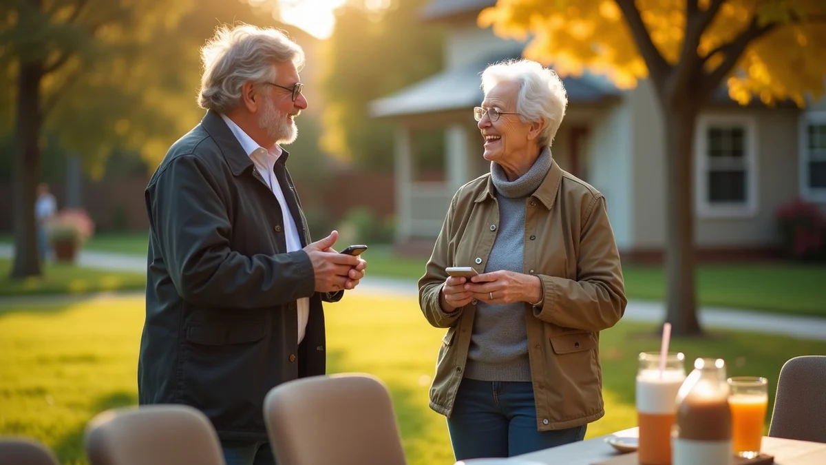 Two middle-aged adults share an easy, low-pressure conversation at a welcoming neighborhood community gathering