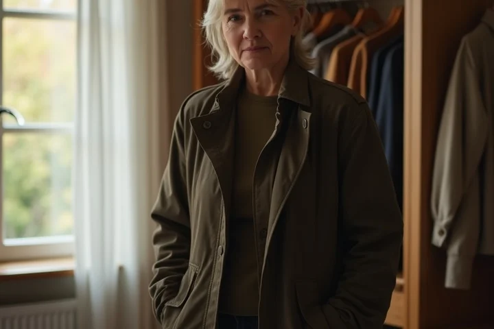 A middle-aged adult stands calmly in a softly lit bedroom