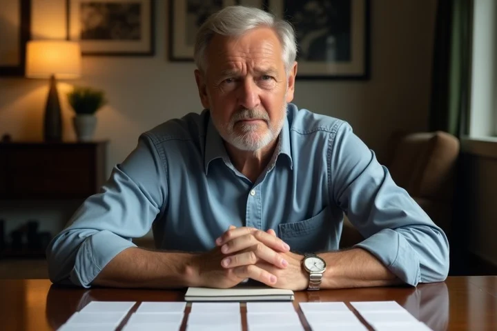 A middle-aged adult sits upright at a dining table with tense shoulders, facing a rigid row of identical blank cards and a closed notebook