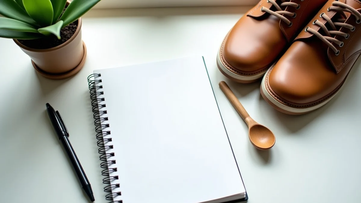 A blank sketchbook, pen, small houseplant, wooden spoon, and walking shoes form a thoughtful writing-and-planning still life on a tidy desk