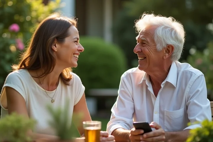 Two middle-aged adults chat warmly at a relaxed neighborhood garden gathering, surrounded by plants and simple signs of ordinary hobbies