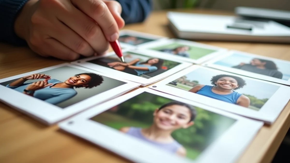 A hand sorts five unlabeled portrait prints across a writing desk, showing a clear solo portrait, a full-body outdoor image, an enjoyable hobby
