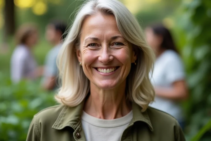 A middle-aged adult poses naturally with an unobstructed face at a leafy community garden gathering
