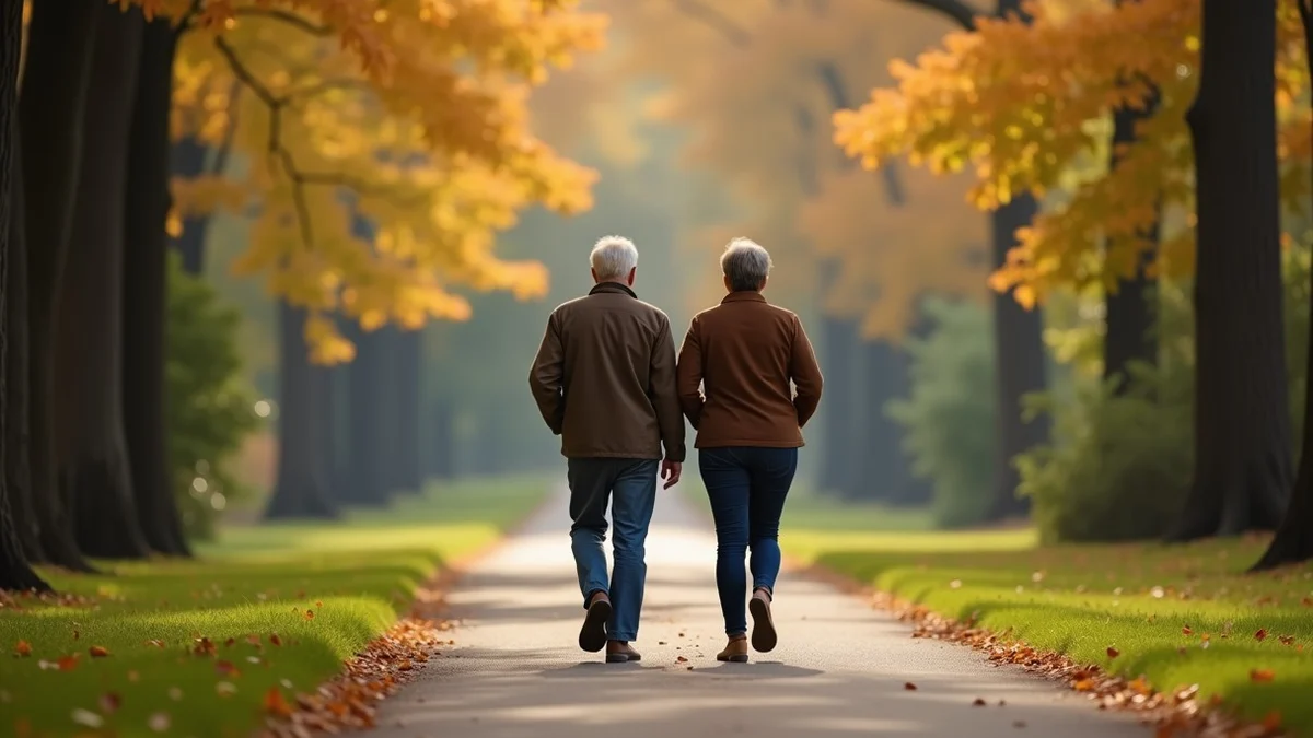 Two middle-aged adults walk side by side on a quiet wooded park trail, leaving comfortable space between them while talking naturally