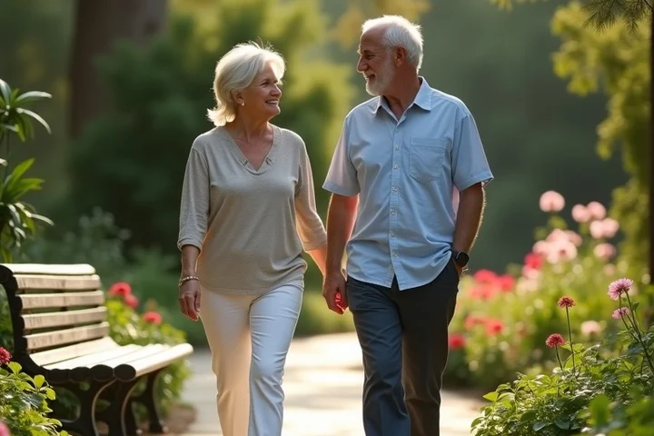 A middle-aged woman and man share a relaxed walk through a botanical garden, pausing near different paths while remaining engaged but independent