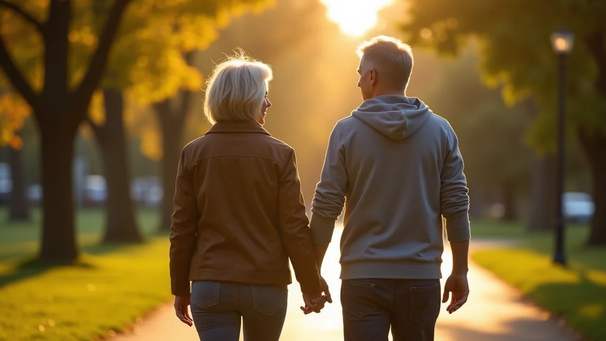 Two middle-aged adults walk side by side on a leafy public trail