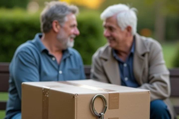 Two middle-aged adults talk attentively at a small community garden gathering
