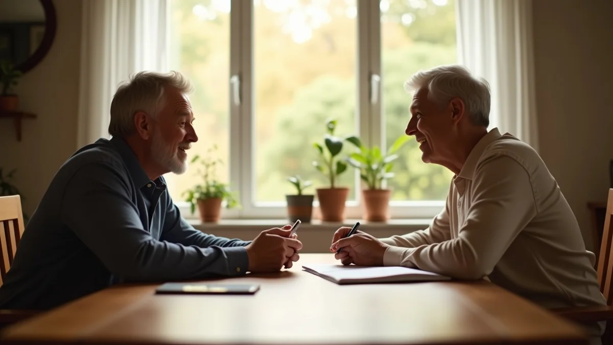 A middle-aged parent calmly talks with an adult child across a dining table in a welcoming family home