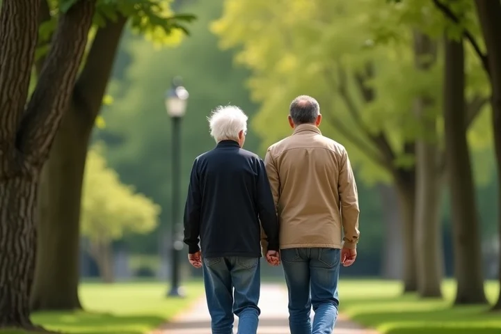 An older parent and an adult child walk side by side through a leafy public garden, having a serious but respectful conversation about safety, money