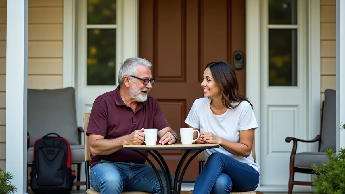 Two middle-aged adults share a quiet Saturday coffee date on a private residential porch