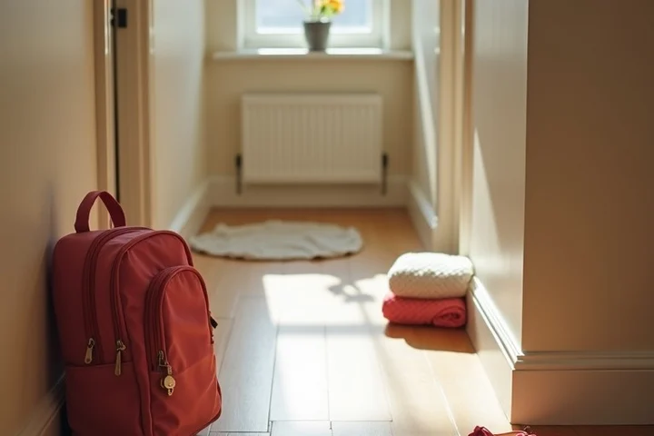 A child’s backpack, lunchbox, small shoes, house keys, and two neatly folded blankets form an orderly still life in a bright family hallway