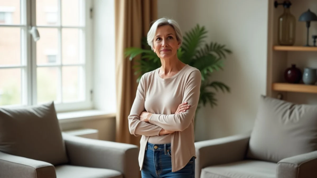 A thoughtful middle-aged woman stands openly in a calm living room beside two comfortable chairs