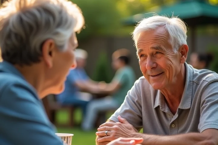 Two middle-aged adults share a candid conversation at a small neighborhood gathering