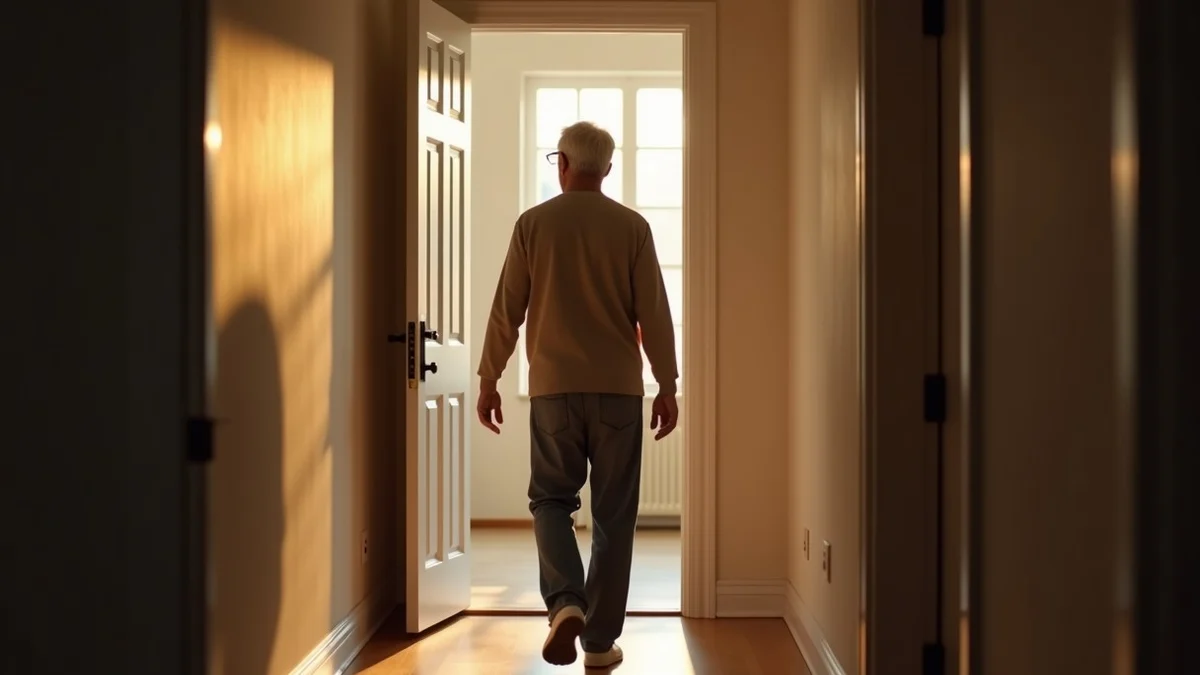 A middle-aged adult takes a cautious step through an open front door into warm morning light
