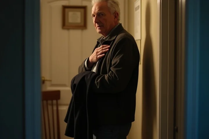 A middle-aged adult pauses in a quiet home hallway before going out, one hand resting over their chest and a coat draped over the other arm