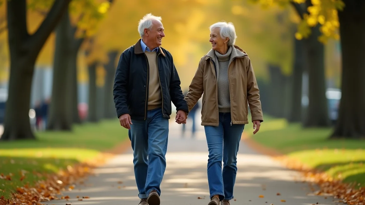 Two middle-aged adults walk side by side while having an attentive conversation on a leafy public park trail during a first date