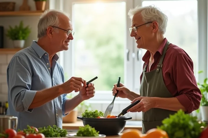 Two middle-aged adults prepare a simple meal together while talking comfortably in a bright, lived-in home kitchen, with vegetables, plates