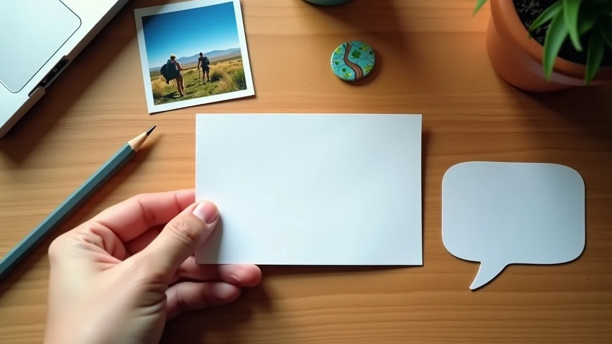 A hand arranges a blank message card beside a small hiking photograph, a colorful trail token, and an empty speech-bubble card on a tidy wooden desk