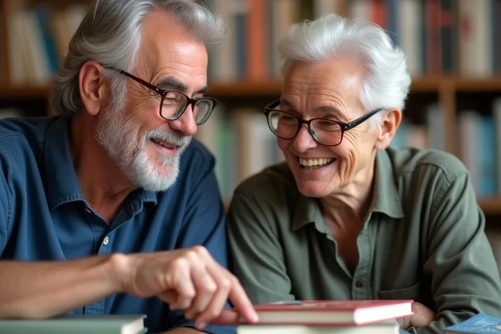Two middle-aged adults chat at a relaxed neighborhood bookshop gathering