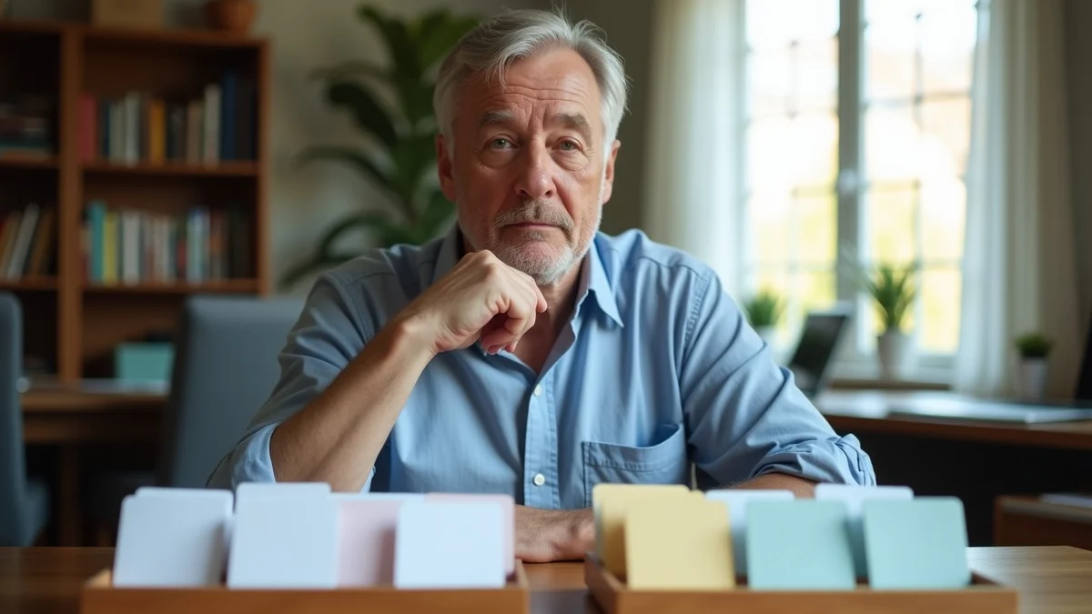 A middle-aged adult stands thoughtfully between two unmarked trays of profile cards in a calm home study