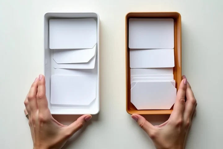 A single hand sorts blank portrait cards between two unbranded trays on a clean tabletop