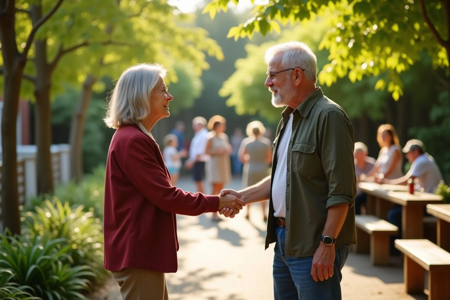 Two middle-aged adults joining a relaxed neighborhood gathering in a leafy community garden, greeting each other with open