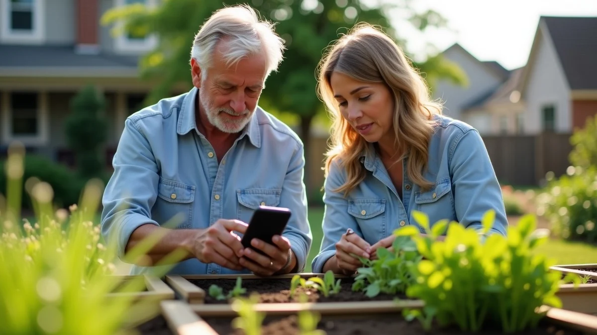 Two middle-aged adults sort seedlings together at a recognizable American community garden volunteer event