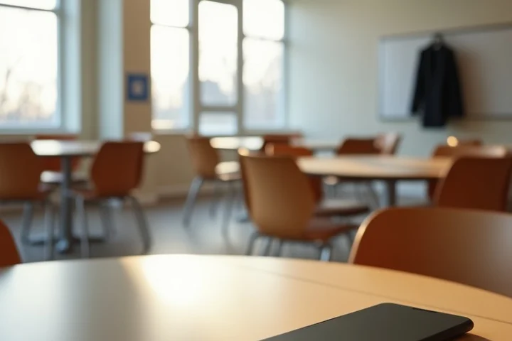 An empty American community-center meeting room contains two chairs, a coat rack, activity tables