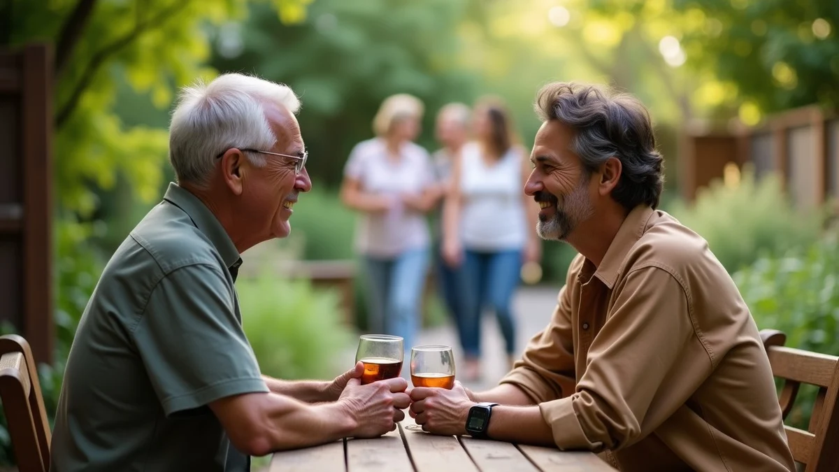 Two middle-aged adults enjoy a relaxed first date at an outdoor community garden while a small friendly group mingles in the background