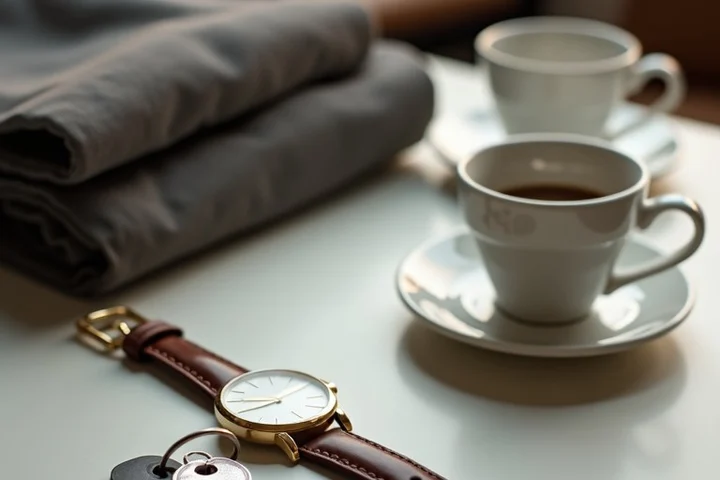 An unmarked analog wristwatch rests beside house keys, a folded jacket, and two simple coffee cups on a small table