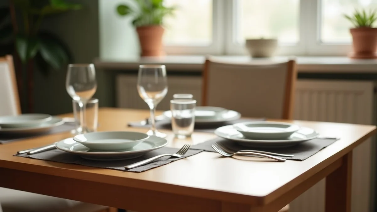 Three separate place settings are thoughtfully spaced across a warm wooden dining table, with one plate, glass, and cutlery at each setting