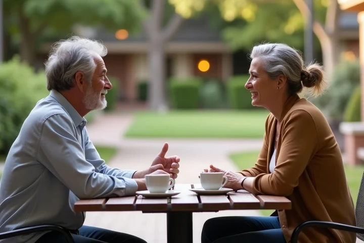 Two middle-aged adults have a relaxed first-date conversation at a spacious community courtyard table