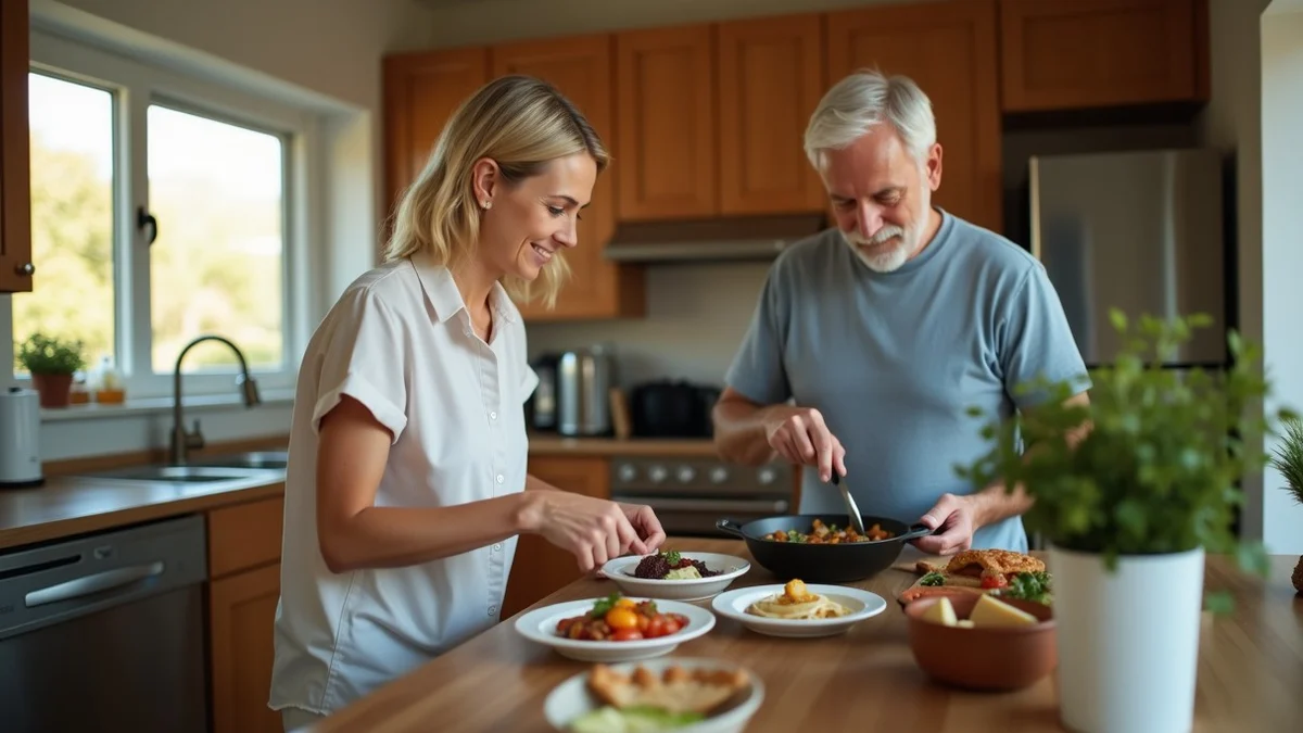 Two mature adults prepare a simple dinner in a calm home kitchen, one setting two plates while the other finishes cooking