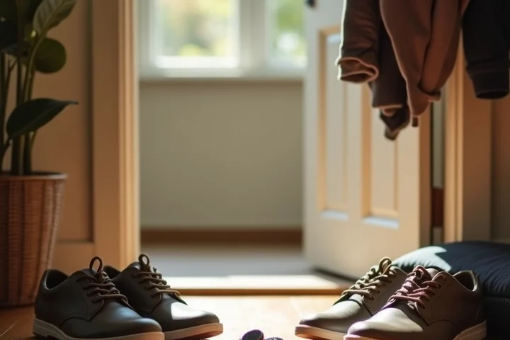 Two pairs of walking shoes, two sets of keys, and a folded jacket form an object-led still life in a tidy home entryway